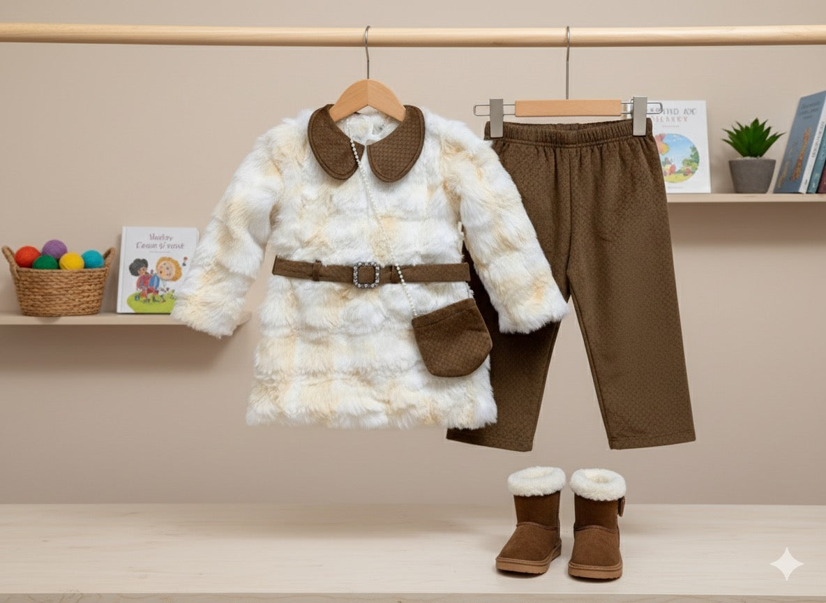 Faux Fur Kids Coat with Belt & Leggings