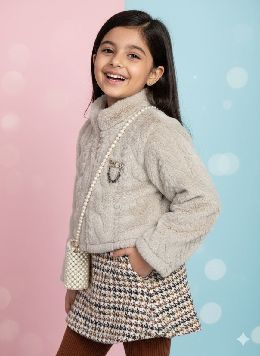 Beige Rabbit Fur Jacket and Top with Leggings