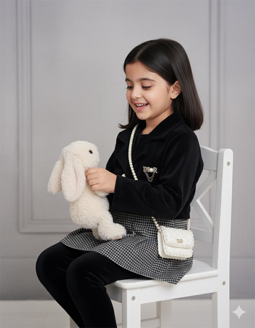 Black Blazer & Pleated Dress Set with Leggings