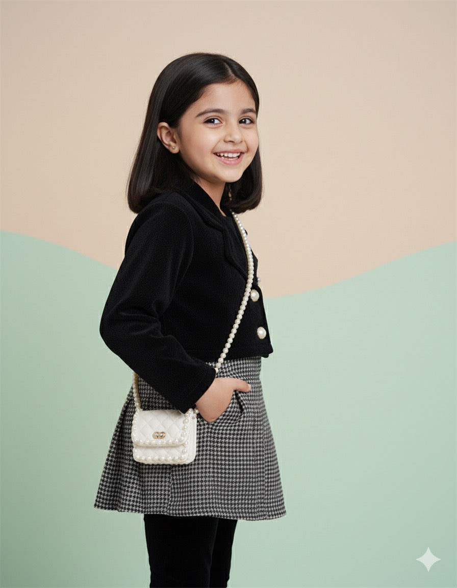 Black Blazer & Pleated Dress Set with Leggings