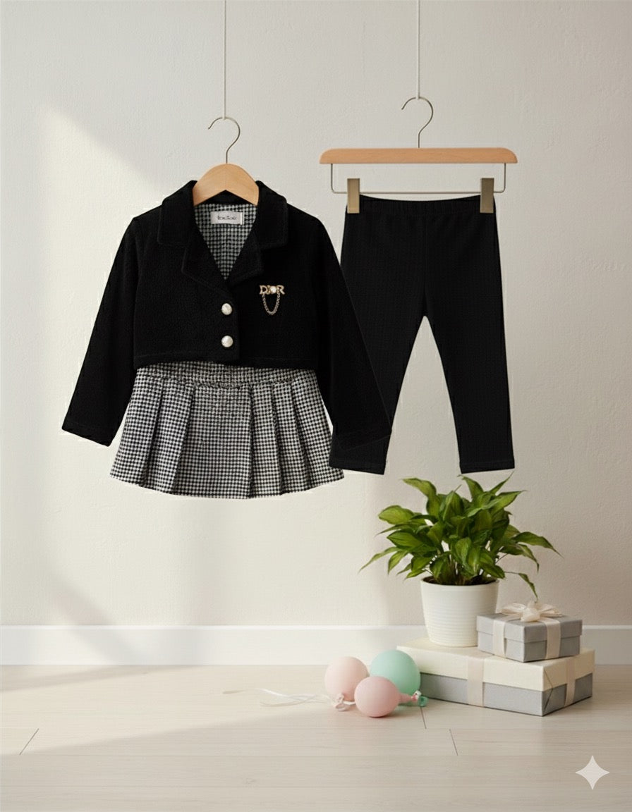 Black Blazer & Pleated Dress Set with Leggings