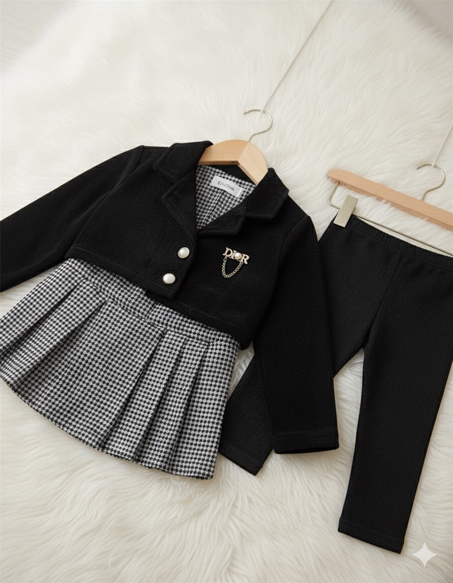 Black Blazer & Pleated Dress Set with Leggings