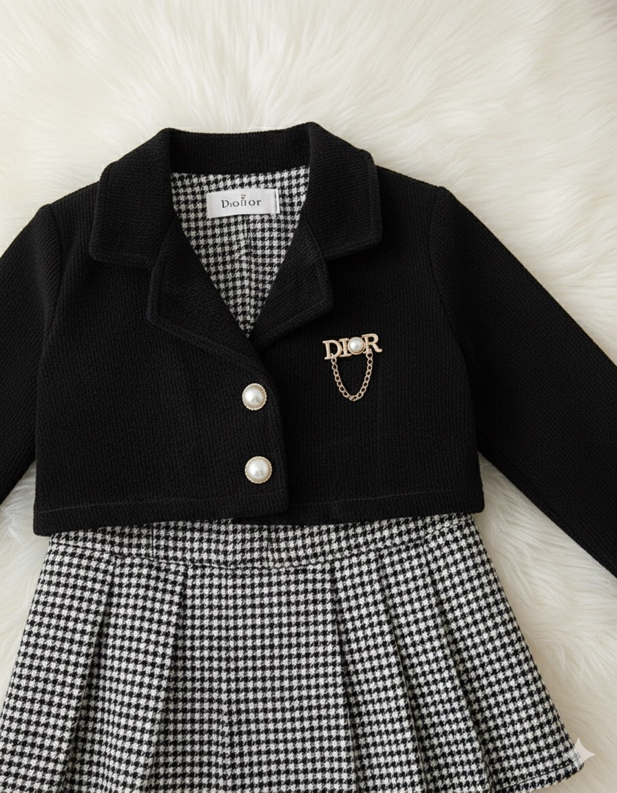 Black Blazer & Pleated Dress Set with Leggings