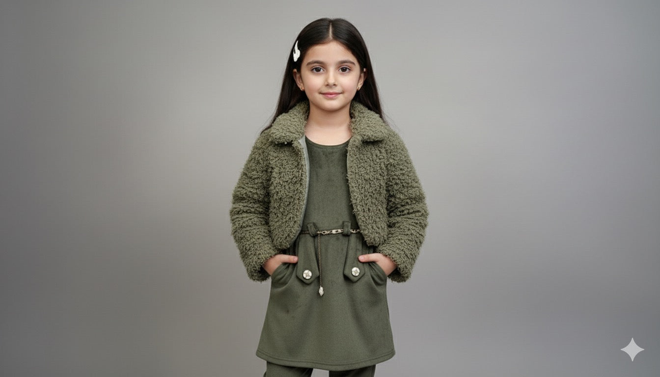 Olive Fur Jacket Co-ord Set