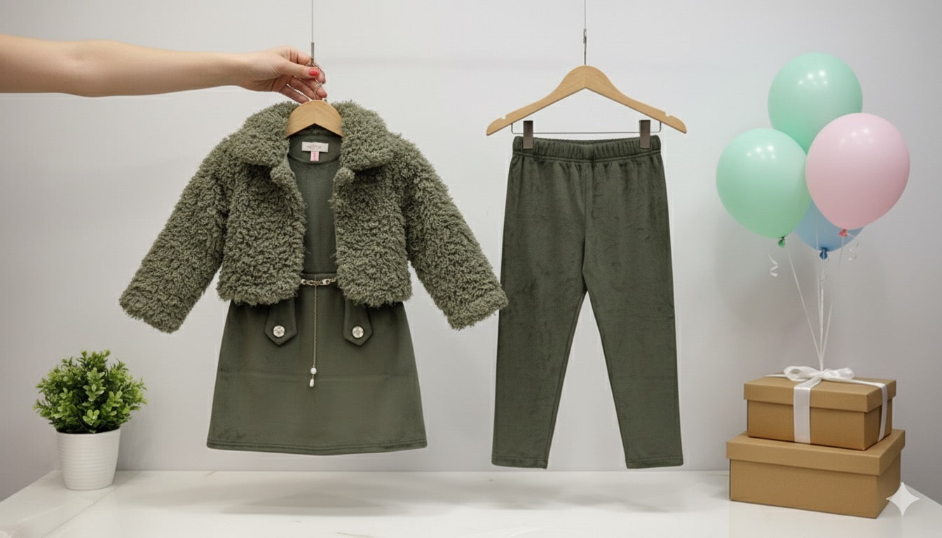 Olive Fur Jacket Co-ord Set