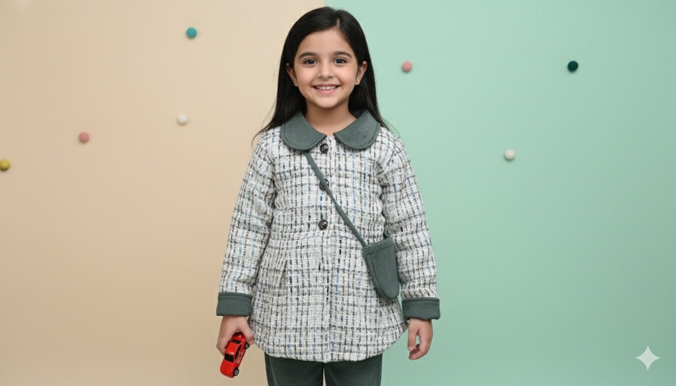 Young girl wearing a checkered coat with a green bag against a multicolored background