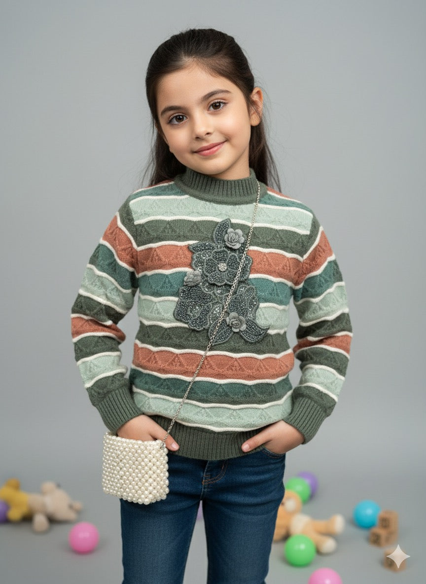 Winter Floral Sweater with Denim Pants