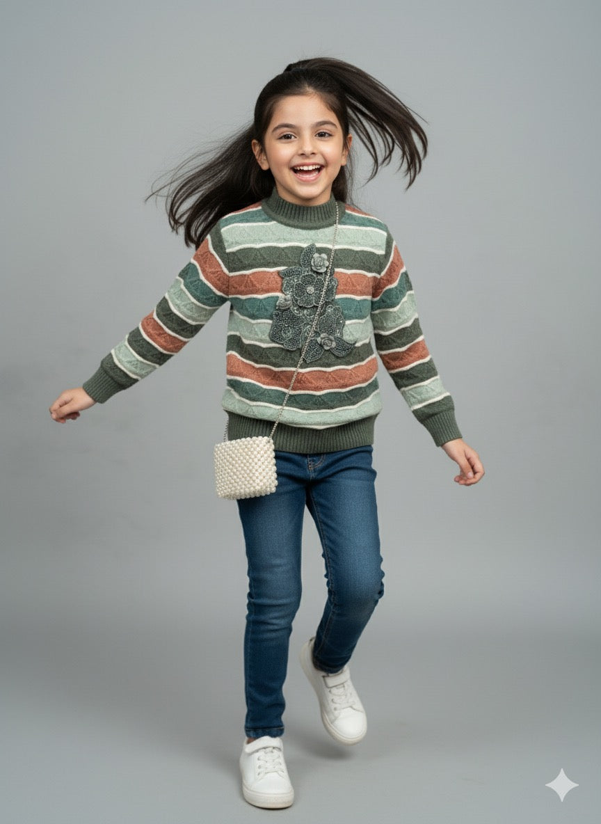 Winter Floral Sweater with Denim Pants