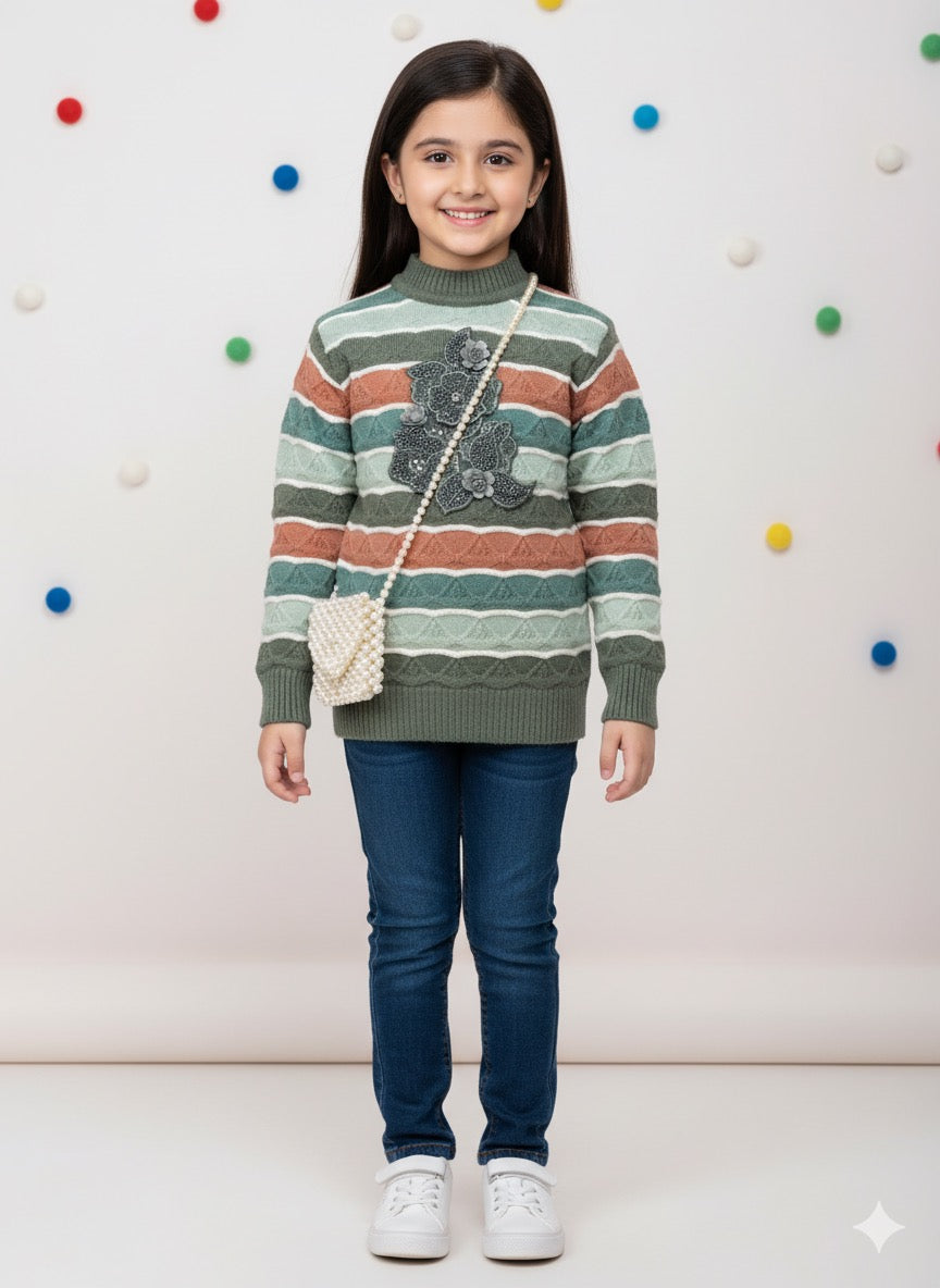 Young girl wearing a striped sweater with a teddy bear design, standing against a light-colored wall with colorful dots.